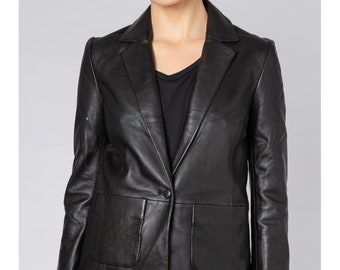 Ladies Classic Leather Blazer Coats , Leather Blazer Street Style, Women Black Leather Coat