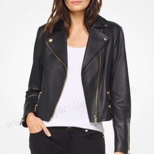 Women's Black Leather Jacket with Gold plated zip & button, lambskin jacket, Gift for women, Woman leather jacket,biker jacket,gift for her