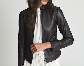 Women's black Leather Jacket with gunmetal zipper , women's Black leather jacket With 100% lambskin