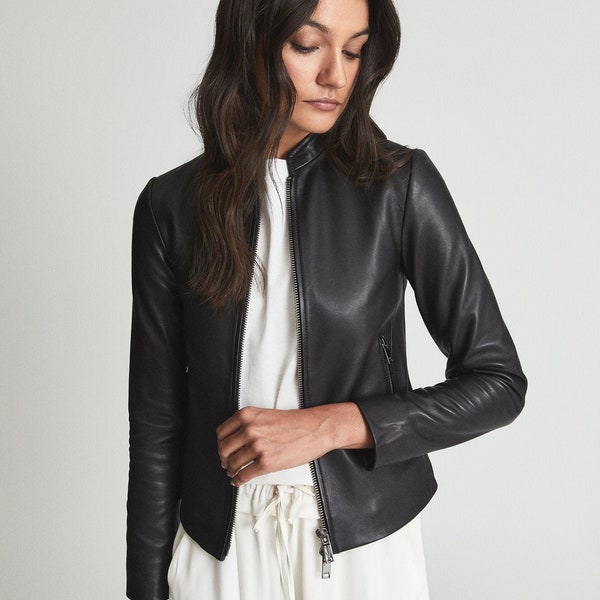Women's black Leather Jacket with gunmetal zipper , women's Black leather jacket With 100% lambskin