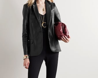 Ladies Classic Leather Blazer Coats , Leather Blazer Street Style, Women Black Leather Coat