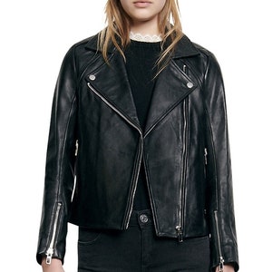 Woman black leather jacket made with 100% original lambskin leather