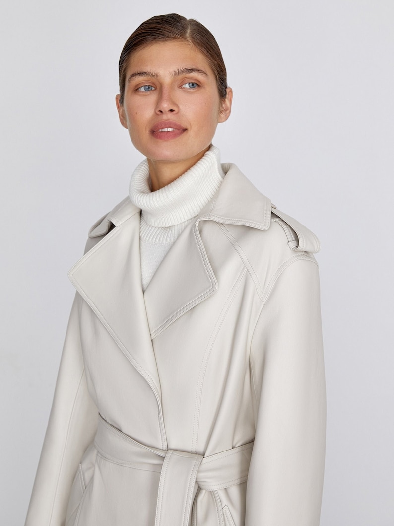 Trench Woman Long Leather Coat off White Leather Trench Coat Etsy Canada