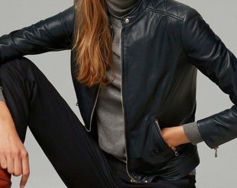 Women's black leather jacket, Women's 100% original lambskin Slim Fit Jacket With Long Sleeve,