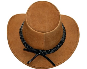 Genuine Cowhide Leather Hat _Unisex  camel colour  Hat with adjustable neck string