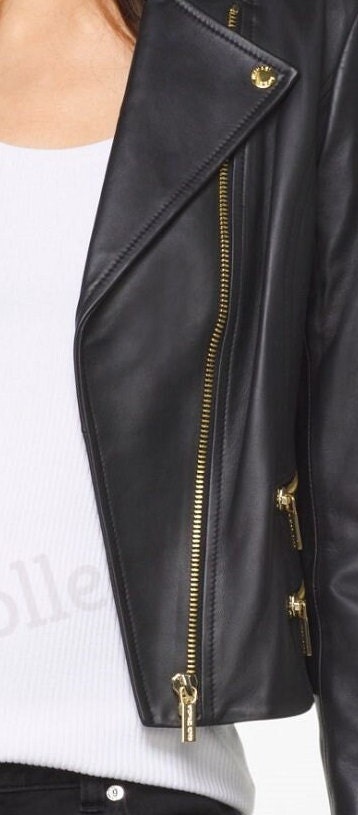 Women's Black Leather Jacket With Gold Plated Zip & - Etsy
