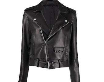 Women's Black Lambskin Leather Jacket: Asymmetrical Zip, Belted XL size ONLY