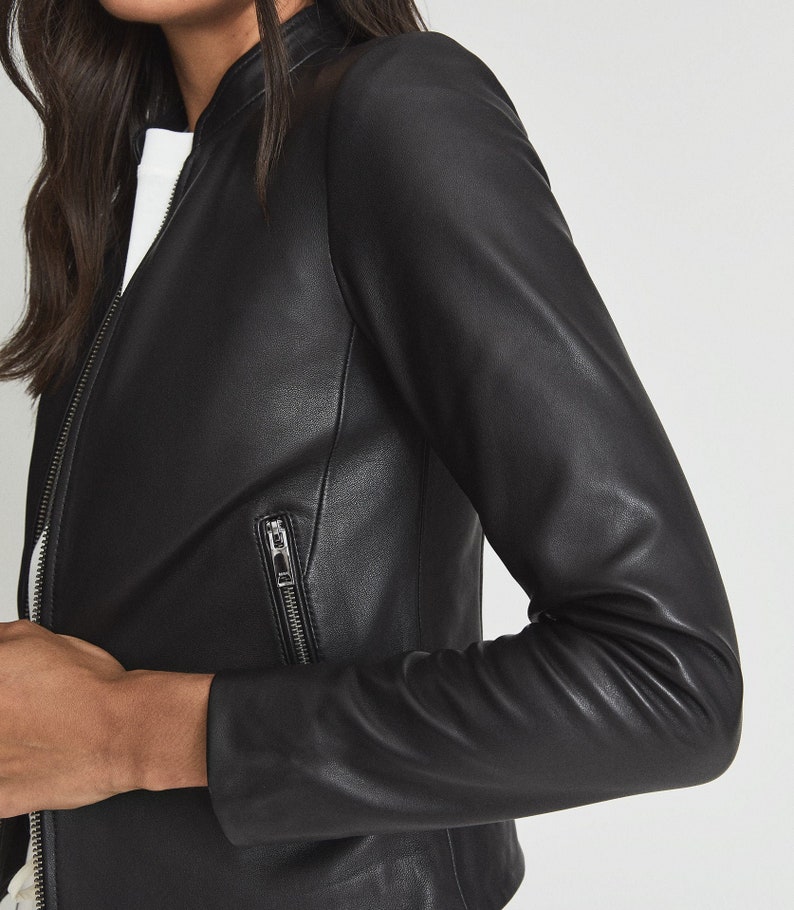 Women's black Leather Jacket with gunmetal zipper , women's Black leather jacket With 100% lambskin image 4