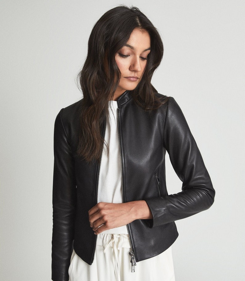 Women's black Leather Jacket with gunmetal zipper , women's Black leather jacket With 100% lambskin Black