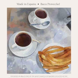 May include: A watercolor painting of a traditional Spanish chocolate con churros breakfast. Two cups of hot chocolate are shown on white saucers with spoons. A plate of golden brown churros is shown next to the cups. The text "CHOCOLATE Y CHISME" is at the top of the image. The text "Made in Espana" and "Buen Provecho!" are below the title.