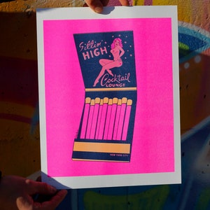 Sittin' High Neon 11x14 Riso Print, Limited Edition Risograph Art Print, NYC Inspired Artwork, Wall Art. matchbook, Poster, Gift image 3