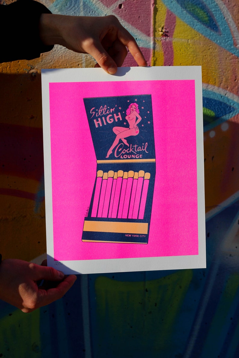 Sittin' High Neon 11x14 Riso Print, Limited Edition Risograph Art Print, NYC Inspired Artwork, Wall Art. matchbook, Poster, Gift image 3