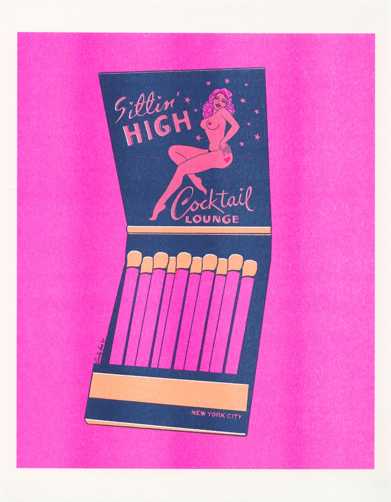 Sittin' High Neon 11x14 Riso Print, Limited Edition Risograph Art Print, NYC Inspired Artwork, Wall Art. matchbook, Poster, Gift image 2