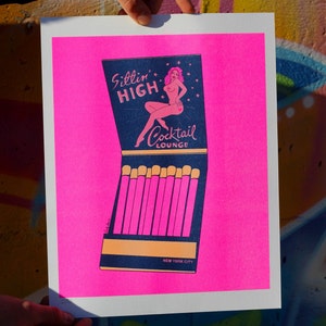 Sittin' High Neon 11"x14" Riso Print, Limited Edition Risograph Art Print, NYC Inspired Artwork, Wall Art. matchbook, Poster, Gift