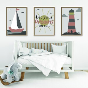 Conjunto de 3 arte de pared de vela, arte temático marítimo, descarga digital, decoración de guardería, carteles de habitaciones para niños, inspirador. A3 y A4 (PDF)