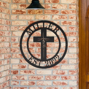 Custom Family Name Metal Sign with Faith Cross-Personalized Monogram Home Wall Decor-Christian Gifts-Wedding Housewarming Christmas-NMS014