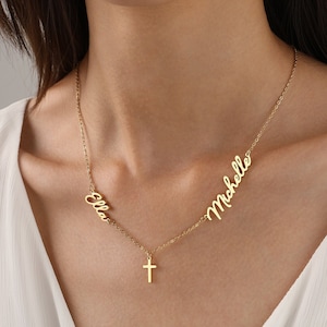 Collar con dos nombres y cruz / Collar con dije personalizado / Regalos para mamá, hermana, mejor amiga / Regalos cristianos - NL004
