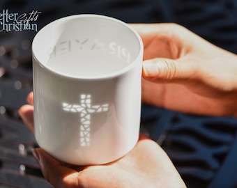 Tasse à café magique en porcelaine avec croix translucide fait main luxe eau tasse à thé baptême anniversaire mariage prière art chrétien cadeau pour elle lui