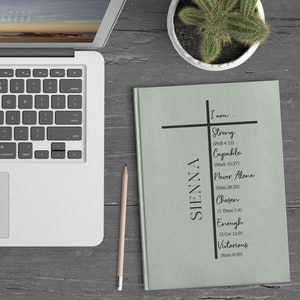 Op de afbeelding: Een groen dagboek met de naam "SIENNA" verticaal op de omslag geschreven. Het dagboek heeft een zwart kruis met de tekst "Ik ben... Sterk (Phill 4:13) Bekwaam (Markus 10:27) Nooit alleen (Matt 28:20) Uitverkoren (1 Thess 1:4) Genoeg (2 Kor 12:9) Zegevierend (Rom 8:39)" erop geschreven.