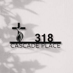 Metal House Number Personalized Address Sign with a cross & dove Door Hanger Wall Art Custom Housewarming Wedding Baptism Christian-PMA012