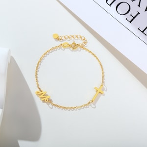 Pulseira de iniciais personalizadas com uma cruz - Joias de letras personalizadas de prata real - Presentes de fé para ela - Batismo cristão, aniversário, Natal - BL001