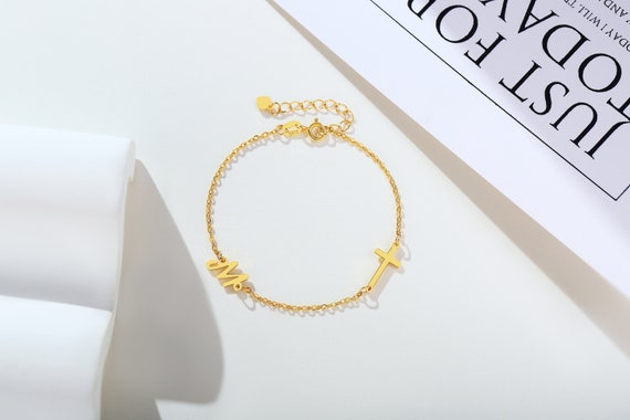 Custom Initials Bracelet with a Cross-Real Silver Personalized Letter Jewelry-Faith Gifts for Her-Christian Baptism Birthday Christmas-BL001