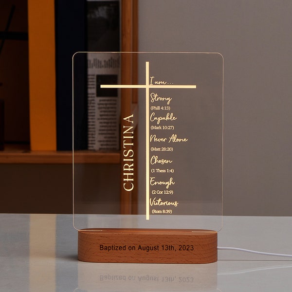 Veilleuse LED Bibleverse personnalisée - Croix I am-Custom-HomeDecor-LUMIÈRE LED-Pâques-Noël-baptême-Cadeau pour lui, sa mère et sa soeur-CNL011