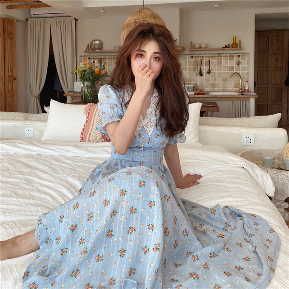 Women Summer French Print Floral Long Dress Vintage Lace Etsy