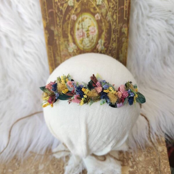 Fall fairy dried flowers tieback headband. Newborn photography prop. Autum fairy tieback headband. Wildflowers tieback crown.
