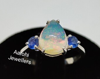 Natural Opal Ring: 925 Sterling Silver, Blue Sapphire Accent