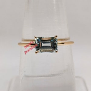 Emerald Cut Aquamarine Ring: Minimalist 14k Yellow Gold March Birthstone