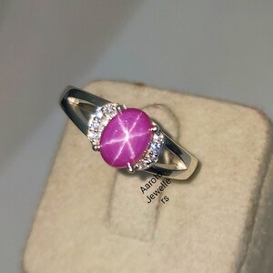 Pink Star Sapphire Ring, 925 Sterling Silver, Engagement Ring,  Lindy Star Ring, 6x8 mm Oval Cabochon Gemstone,  Mother&#39;s Day Gift