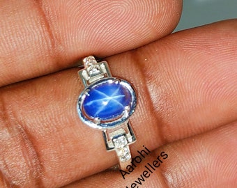 Blue Star Sapphire Ring, Star Sapphire  Ring, 925 Sterling Silver, Star Gemstone ,Lindy Star Sapphire Ring,  Wedding ring,