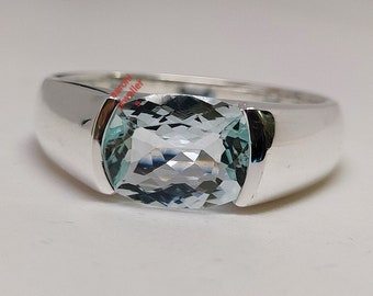 Bague pour homme aigue-marine naturelle, chevalière en argent, argent sterling 925, chevalière, bague de naissance de mars, bague faite main, cadeaux pour lui.