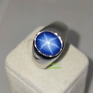 Blue Star Sapphire Sterling Silver Men&#39;s Ring: Minimalist Signet