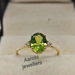 14k Gold Oval Peridot and Diamond Ring, August Birthstone Ring, Dainty Green Gemstone Ring, Minimalist Promise Ring, Gift for Her