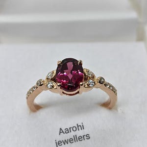 Rhodolite Garnet Ring: 14k Rose Gold, CZ Diamond, Minimalist Style