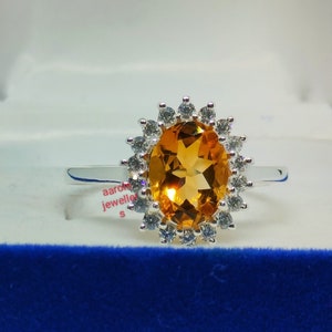 Natural Citrine Halo Ring: 925 Sterling Silver November Birthstone