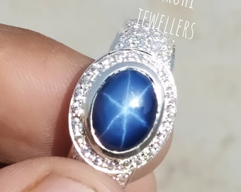 Vintage Star Sapphire Ring, Birthstone Ring, 925 Silver Ring, Blue Star Sapphire Ring, Statement Ring, Lab Star Ring, Engagement Ring.