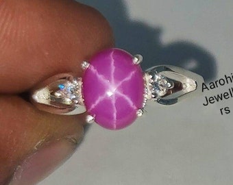 Pink Star Sapphire Ring: Minimalist 925 Sterling Silver Engagement Ring