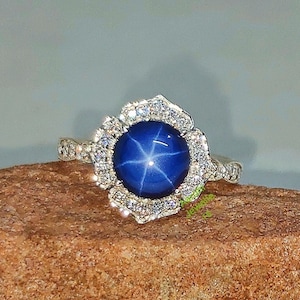 Vintage Blue Star Sapphire Ring: 925 Sterling Silver, CZ Diamond