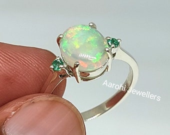 Art Deco Opal and Emerald Ring, 925 Sterling Silver, October Birthstone