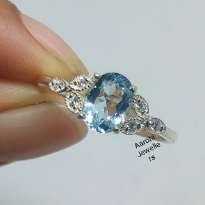 Natural Aquamarine Ring: Sterling Silver CZ Diamond Engagement Ring