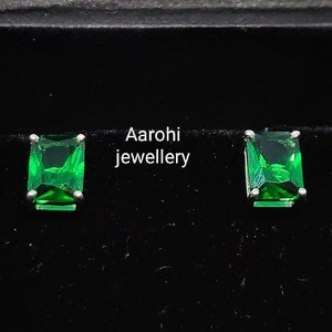 Minimalist Lab Emerald Stud Earrings: 925 Sterling Silver, May Birthstone