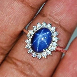 Vintage Blue Star Sapphire Ring: 925 Sterling Silver CZ Diamond Halo
