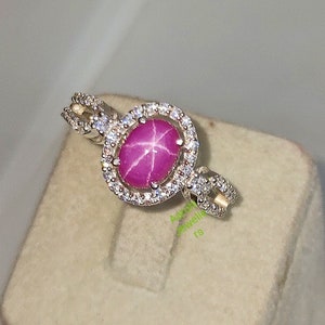 Vintage Pink Star Sapphire Ring: 925 Sterling Silver, CZ Diamond