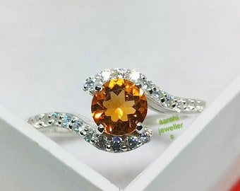 Anillo vintage de citrino: plata de ley 925, detalles de circonita cúbica, piedra natal de noviembre