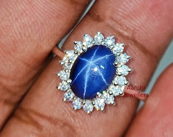 Vintage Blue Star Sapphire Ring: 925 Sterling Silver CZ Diamond Halo