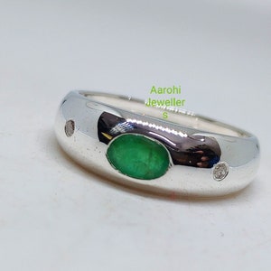 Men&#39;s Emerald & Diamond Sterling Silver Ring - Art Deco May Birthstone