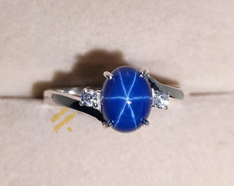 Blue Star Sapphire Ring: Vintage Lindy Style, Sterling Silver,  Lab 6 Rays Star Stone, Engagement & Wedding Ring, Gift for Her.